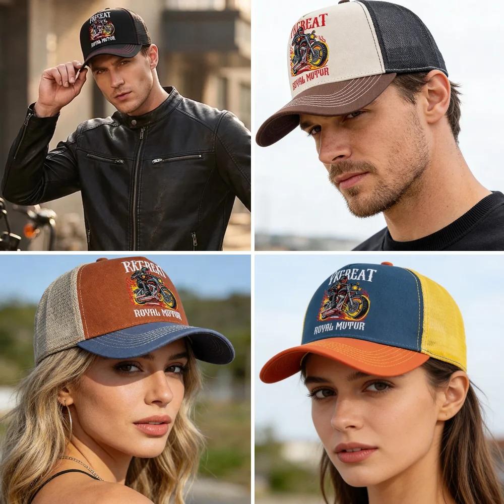 Hot Sale Motorcycle Embroidered Trucker Hat Flame Biker Patch Baseball Cap For Man Woman Breathable Streetwear Summer Mesh Caps