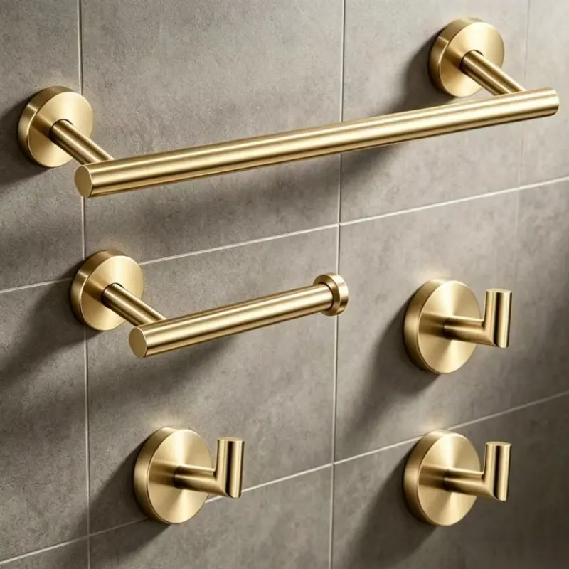 5-Piece Bathroom Storage Organizer Set, Stainless Steel Towel Rod, Toilet Paper Holder, Robe Hook, Wall-Mounted, Easy Installation, Bathroom Accessories