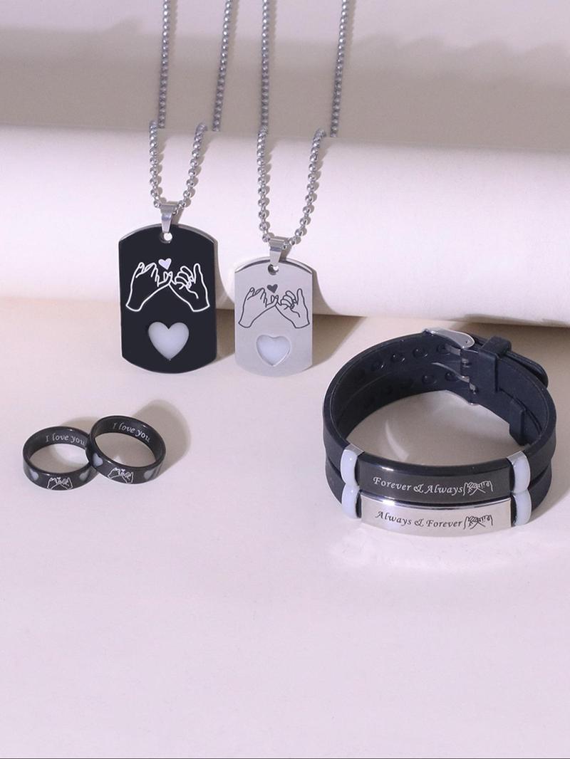 Heart Design Luminous Couple Pendants Necklace & Bracelet & Ring Set, Fashion Jewelry for Party, Daily Clothing Decor, Trendy All-match & Exquisite Jewelry for Birthday Gift