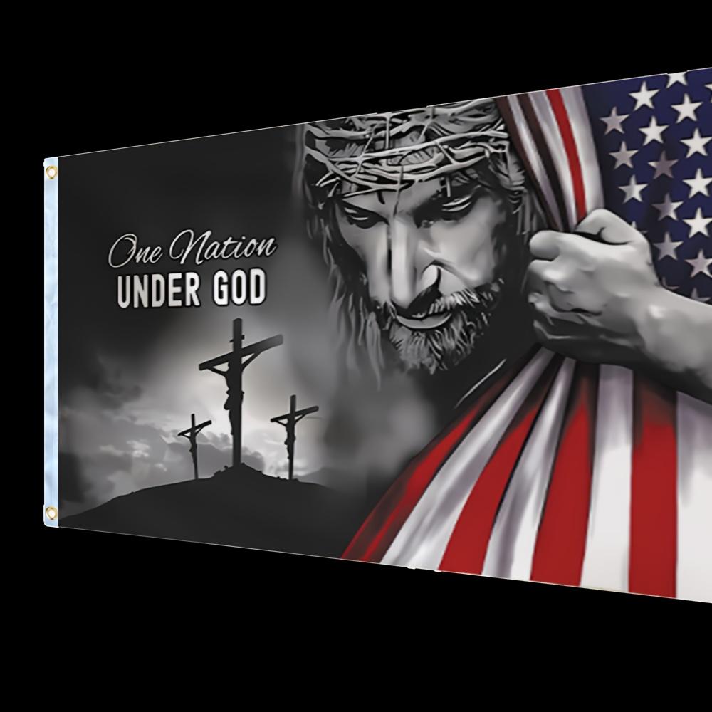 One Nation Under God Flag, 1 Count 3x5 Christian Patriotic American Flag with Jesus & Cross Design, Durable Polyester Outdoor Decor for Yard, House