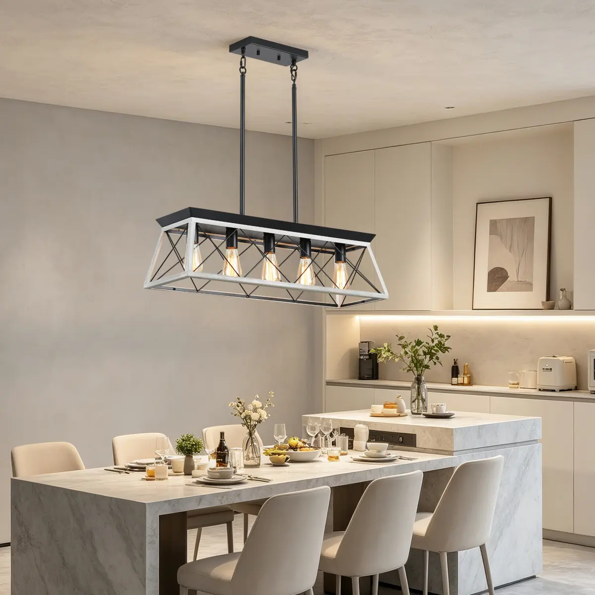 5-Light Farmhouse Chandeliers for Dining Room, Rustic Kitchen Island Lighting Pendant Light for Kitchen Dining Room White(No Bulbs)