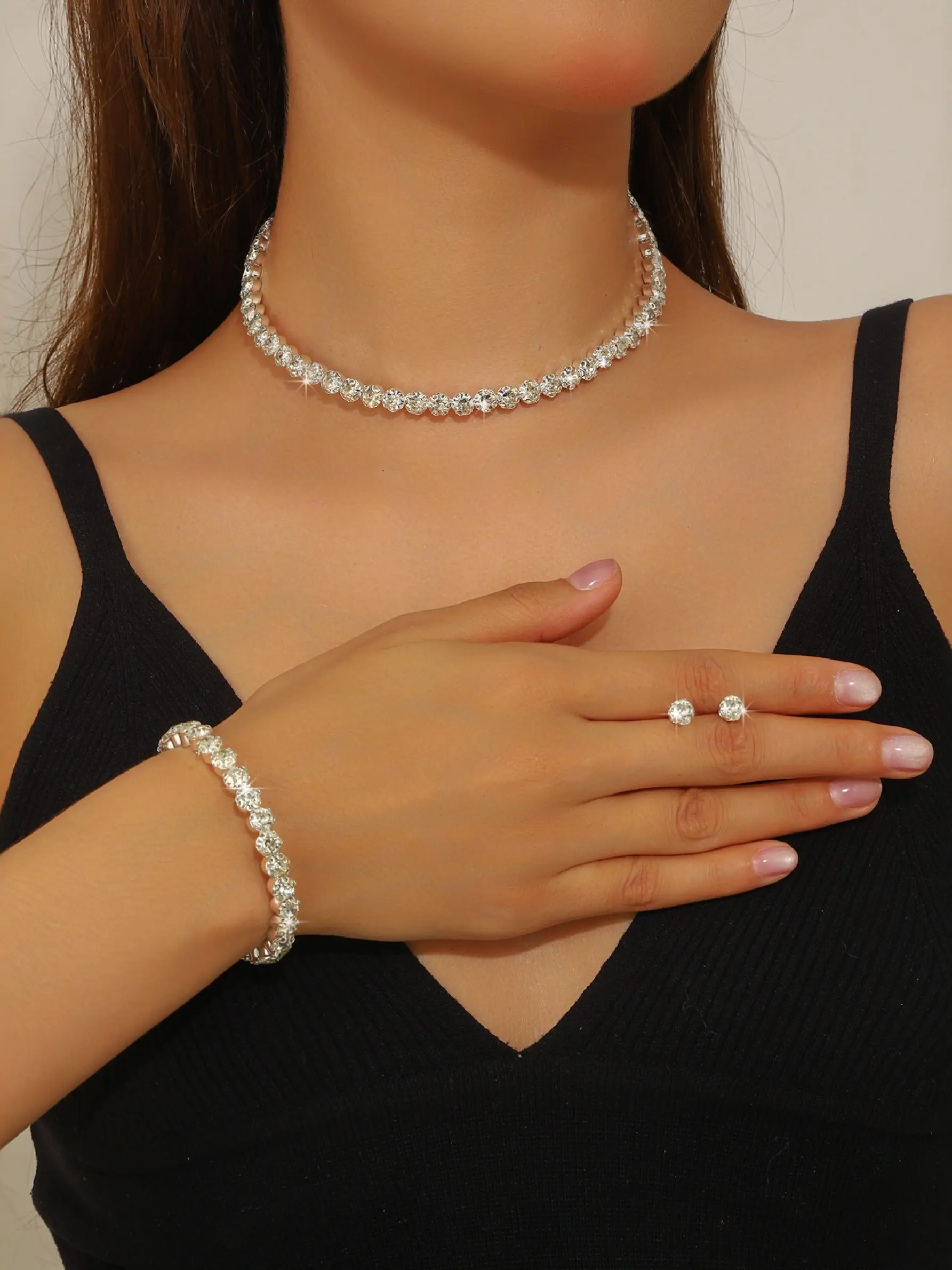 Single Row Rhinestone Full Coverage Necklace Bracelet Earrings Set, Three-Piece Wedding Accessory Kit, Elegant Bridal Jewelry Collection, Jewelry Sets