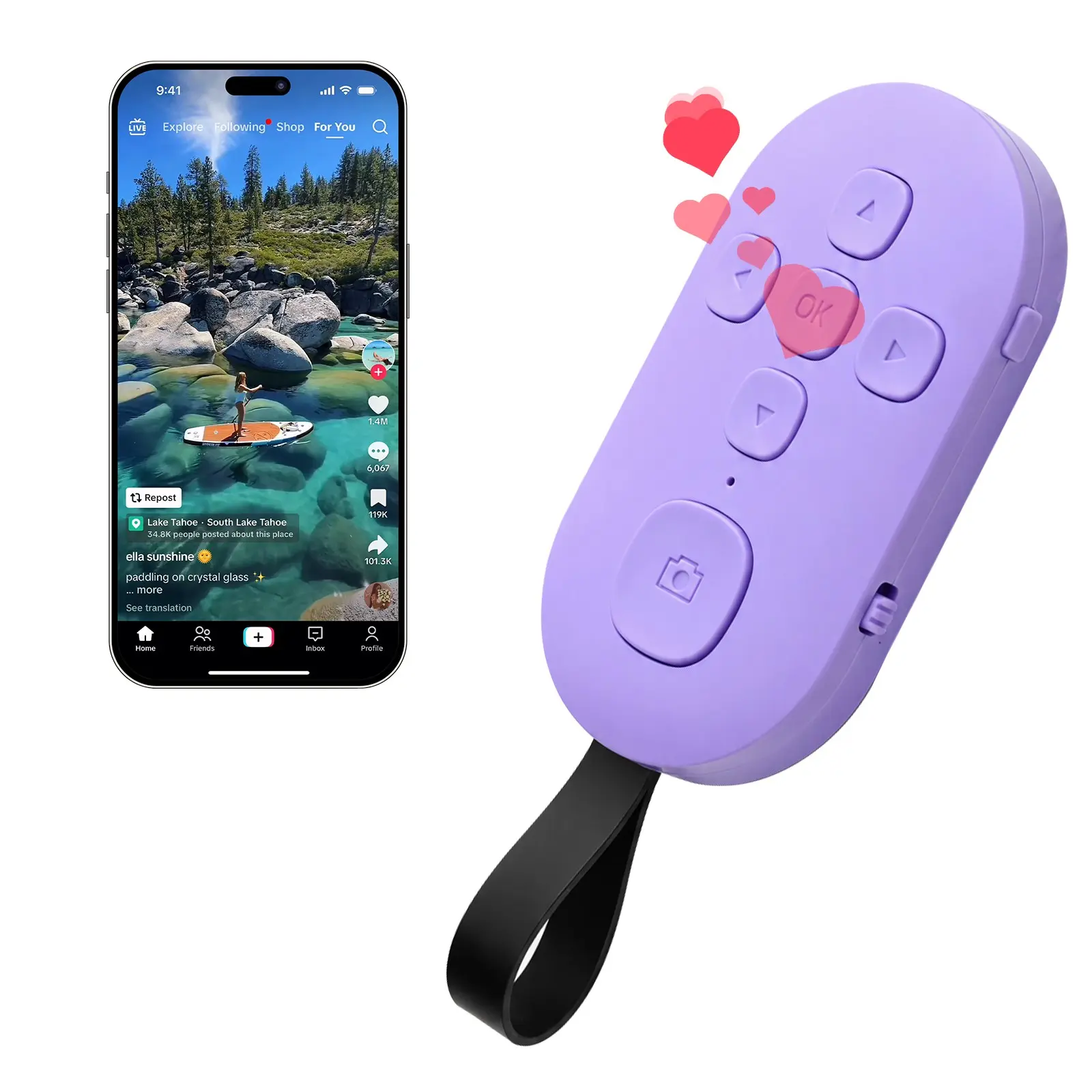 TikTok Scrolling Bluetooth Remote Control, Hands-Free Phone Controller with eBook Page Turner, Volume Adjustment, Like, Play Pause and Selfie Shutter for iPhone Android
