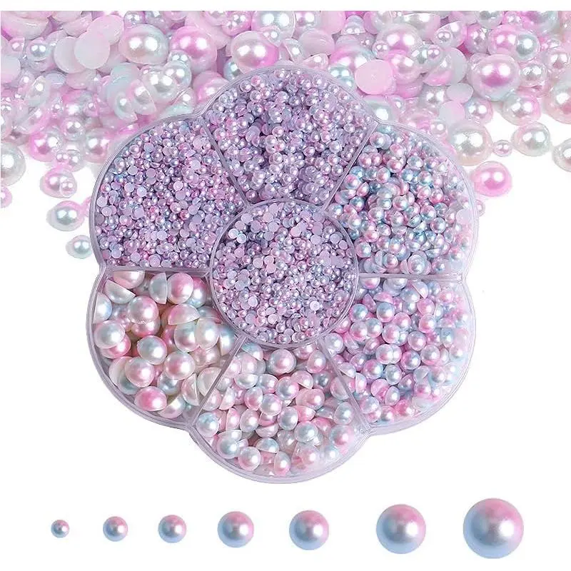 5600 Pcs Flatback Pearls Kit with 7 Sizes of Half Round Glue On Gems, Light Mermaid AB Color for Nail Art, DIY Crafts, Clothes - Includes Tweezers, Crafts Decor, High-Quality Abs