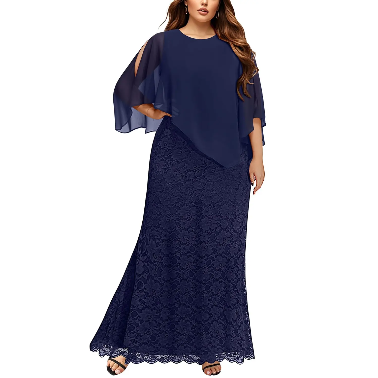 Pinup Fashion Women's Plus Size Cape Dress with Chiffon Overlay Gown Formal Evening Lace Long Mermaid Dresses