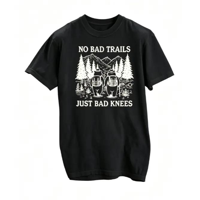 No Bad Trails Just Bad Knees Two Backpack Bears Mountain Forest Hiking Graphic Short Sleeve T-Shirt, Mens Summer Vacation Back To School Outdoor Camping Casual Tops, 100% Pure Cotton Printed Craft Summervibes Tee, Soft Breathable Loose Fit daily outfits