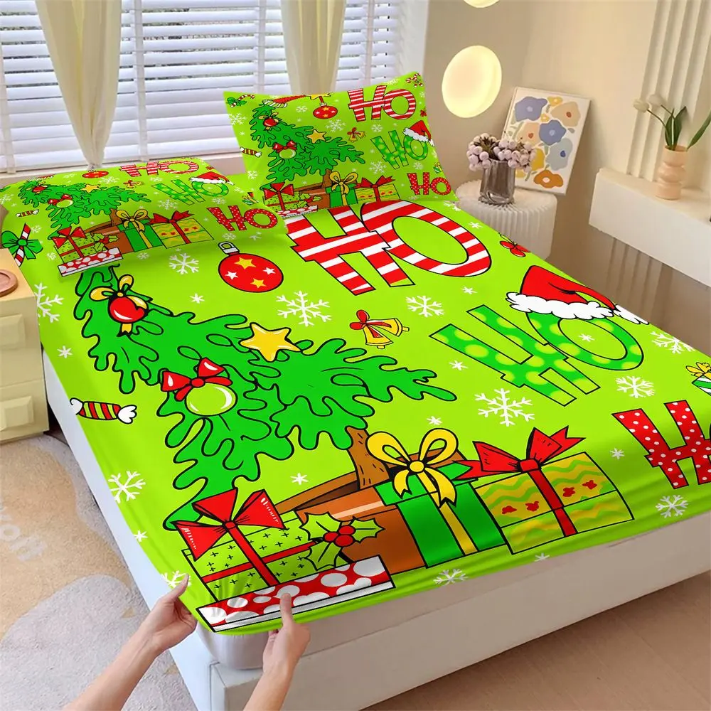 3Pcs Christmas Bedding Set Ho Ho Ho Fitted Sheet Set Festive Xmas Tree Print Soft Bed Sheets Set for Holiday Bedroom Decor Kids Room Gift Ideas No Fillers