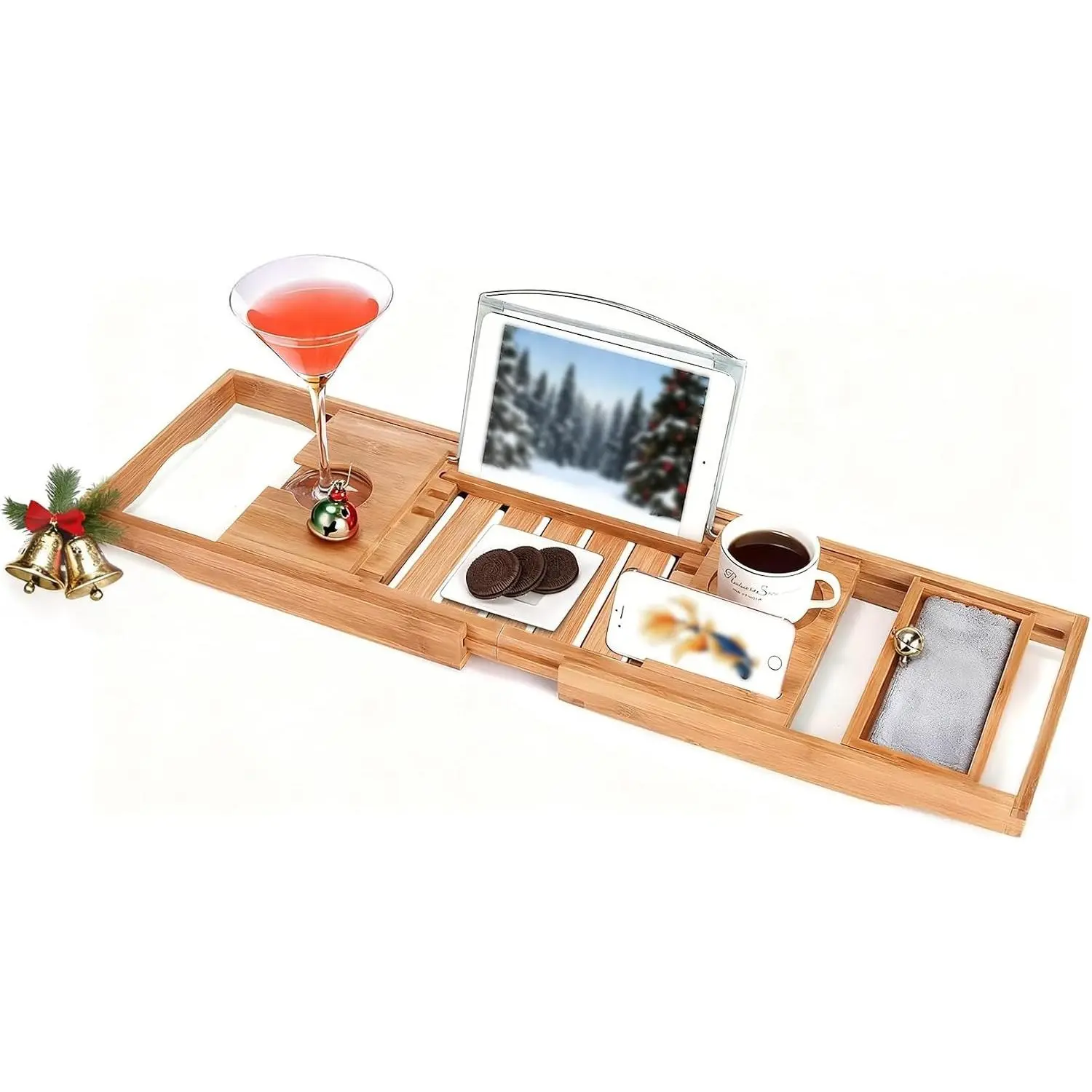 Utoplike Bamboo Bathtub Caddy Tray, Adjustable Bath Table Bathroom Organizer for Tub with Book Tablet Holder, Wine Glass Holder, Towel Holder