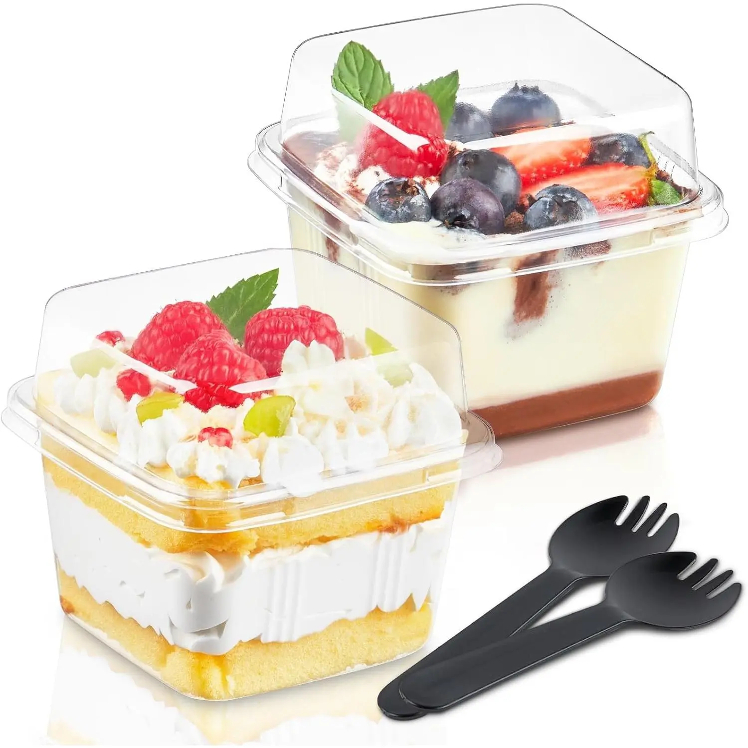 50 Pack 8 oz Plastic Dessert Cups with Lids and Sporks, Clear Square Cake Cups Dessert Containers for Pudding Parfait Fruit Yogurt and Shortcake