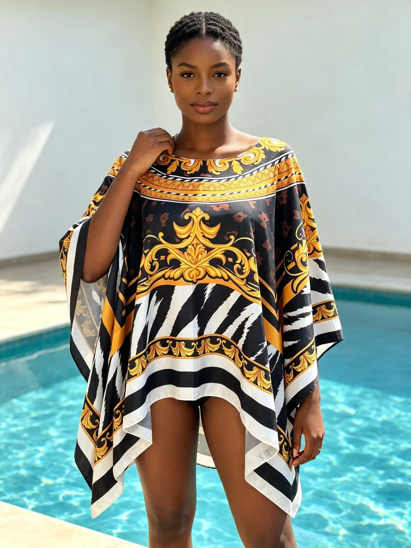 Baroque Gold Zebra Print Kaftan Robe, Women's Loose Sleeveless Beach Cover-Up, Lightweight Asymmetrical Hem, Summer Vacation Fashion
