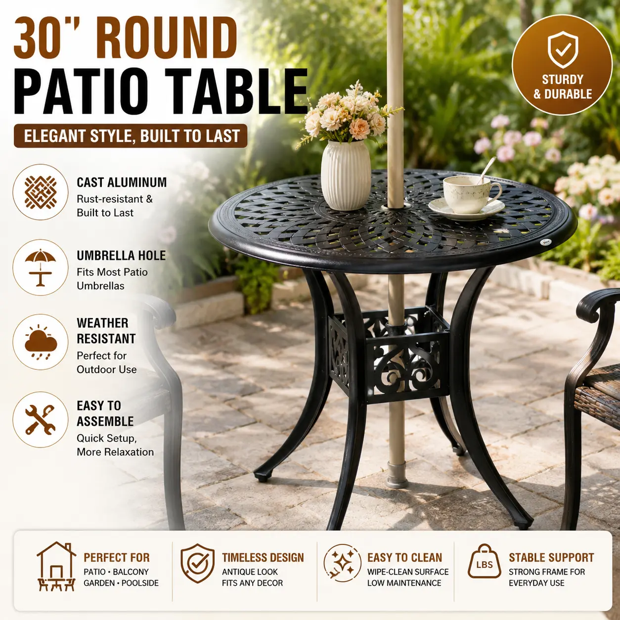 30 Inch Round Patio Dining Table Black Cast Aluminum Outdoor Bistro Table with Umbrella Hole Antique Weatherproof Furniture for Backyard Balcony Garden Deck Aesthetic Summer Yard Decor and Space Saving Outdoor Seating