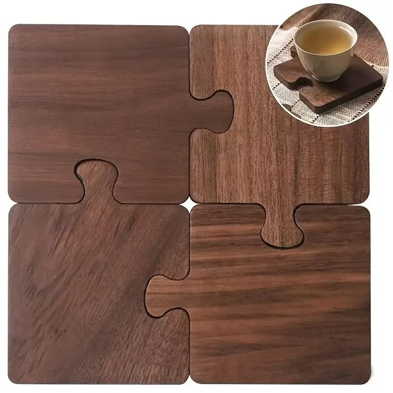 4pcs Vintage Wooden Puzzle Coasters, Heat Insulated Base, Decorative Drink Coasters, Seasonal Table Decor for Holidays