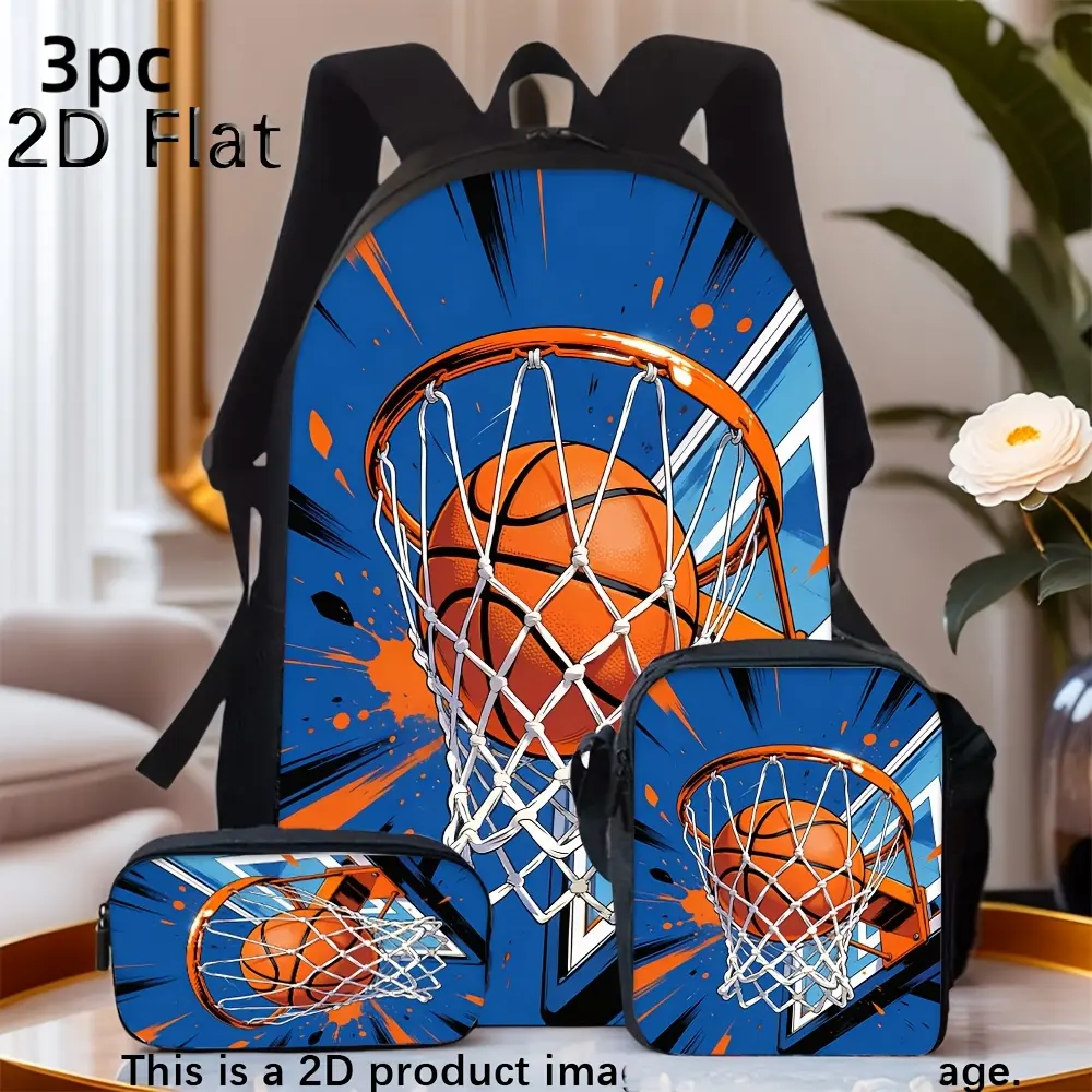Trendy 3pcs Backpack Set with Vivid Basketball Entering Basket Print for Students' Daily Use And Outdoor Activities