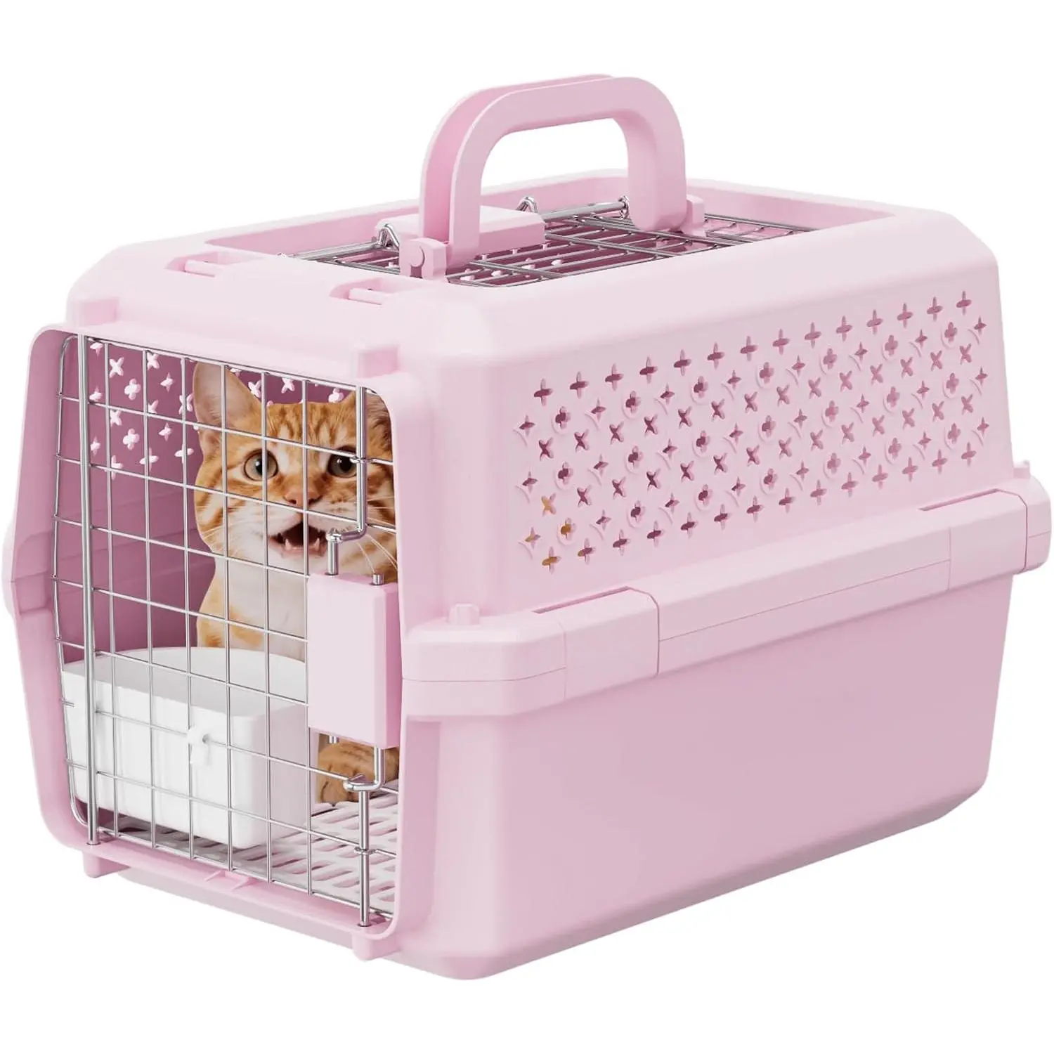 Small Hard Sided Pet Carrier, Ventilated Plastic Travel Crate with Metal Door and Top Handle for Small Dogs and Cats, Pink Small, Ideal for Car Travel Vet Visits and Daily Use