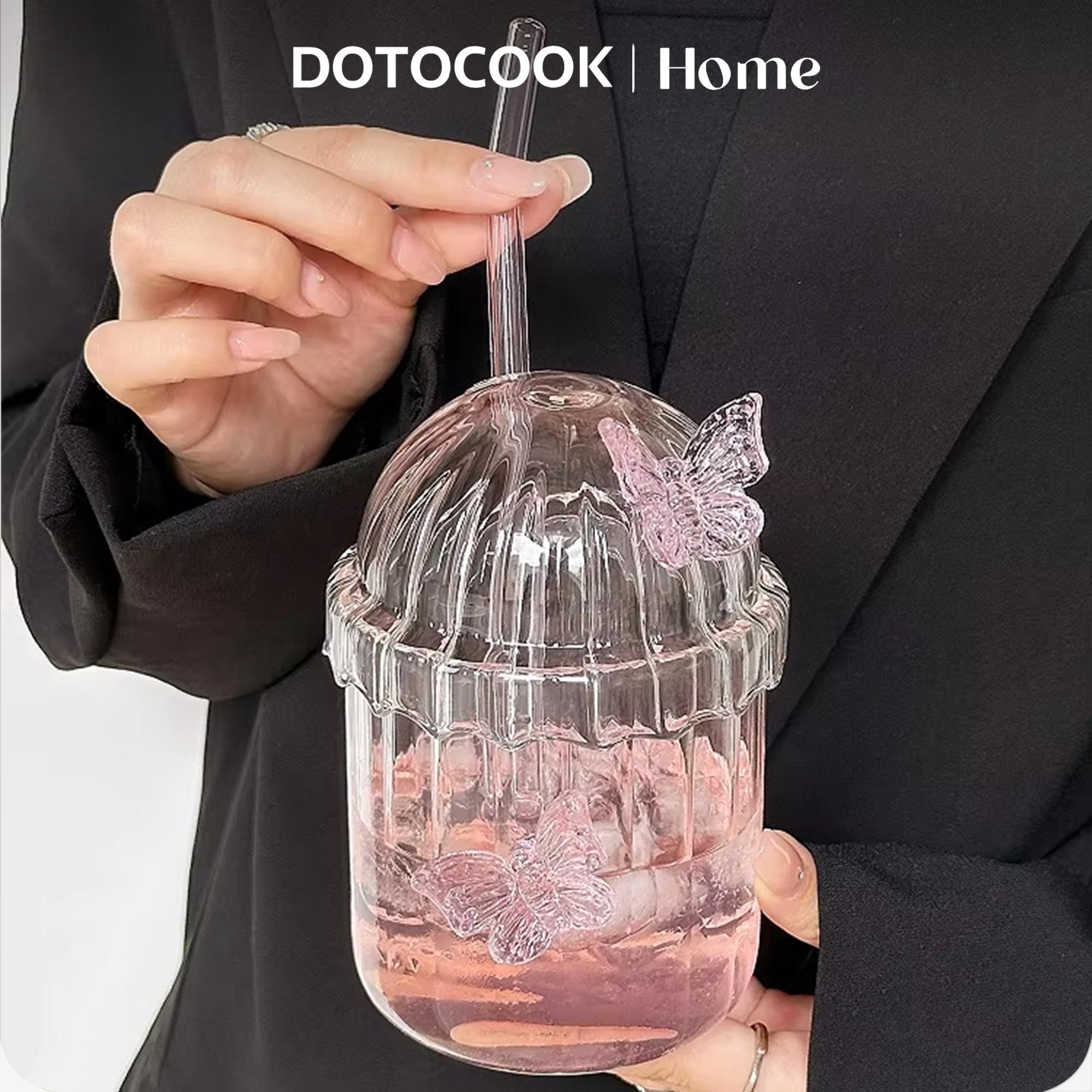 DOTOCOOK 1/2 Counts Pink 3D Butterfly Glass Bottle Tumbler with Lid & Straw – Heat-Resistant Cup for Iced Coffee, Bubble Tea & Cocktails, Perfect for Valentine’s Day, Bridal Showers & Birthday Parties, Home/Office/Outdoor Use, Drinkware