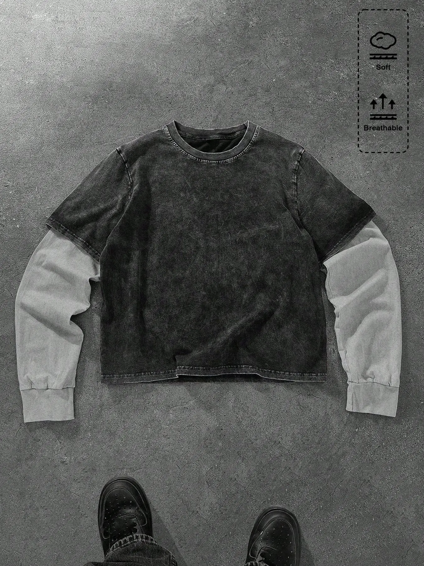 Men Vintage Washed Fake Two Piece Long Sleeve Tee, Crew Neck Patchwork Layered Sleeve Soft Breathable Loose Cropped Street Casual Classic T-Shirt #FakeTwoPieceTee #VintageWashedTop #StreetwearLongSleeve