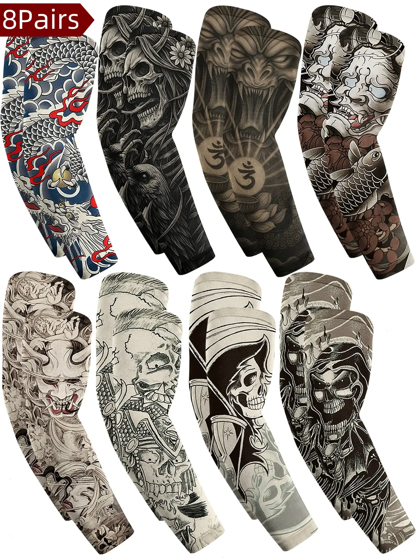 8 Pairs Cooling Arm Sleeves for Men Anti Slip Sun Protection Temporary Tattoo Sleeves Cooling Arm Covers for Men