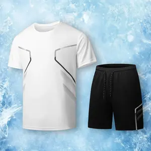 Mens 2 Pack Quick Dry Athletic T-Shirt and Shorts Set with Sleek Geometric Line Print Ultra Breathable Moisture Wicking Fabric with Elastic Waist Perfect for Gym Workouts Running Errands Lounging and Sporty Vibe Daily Style