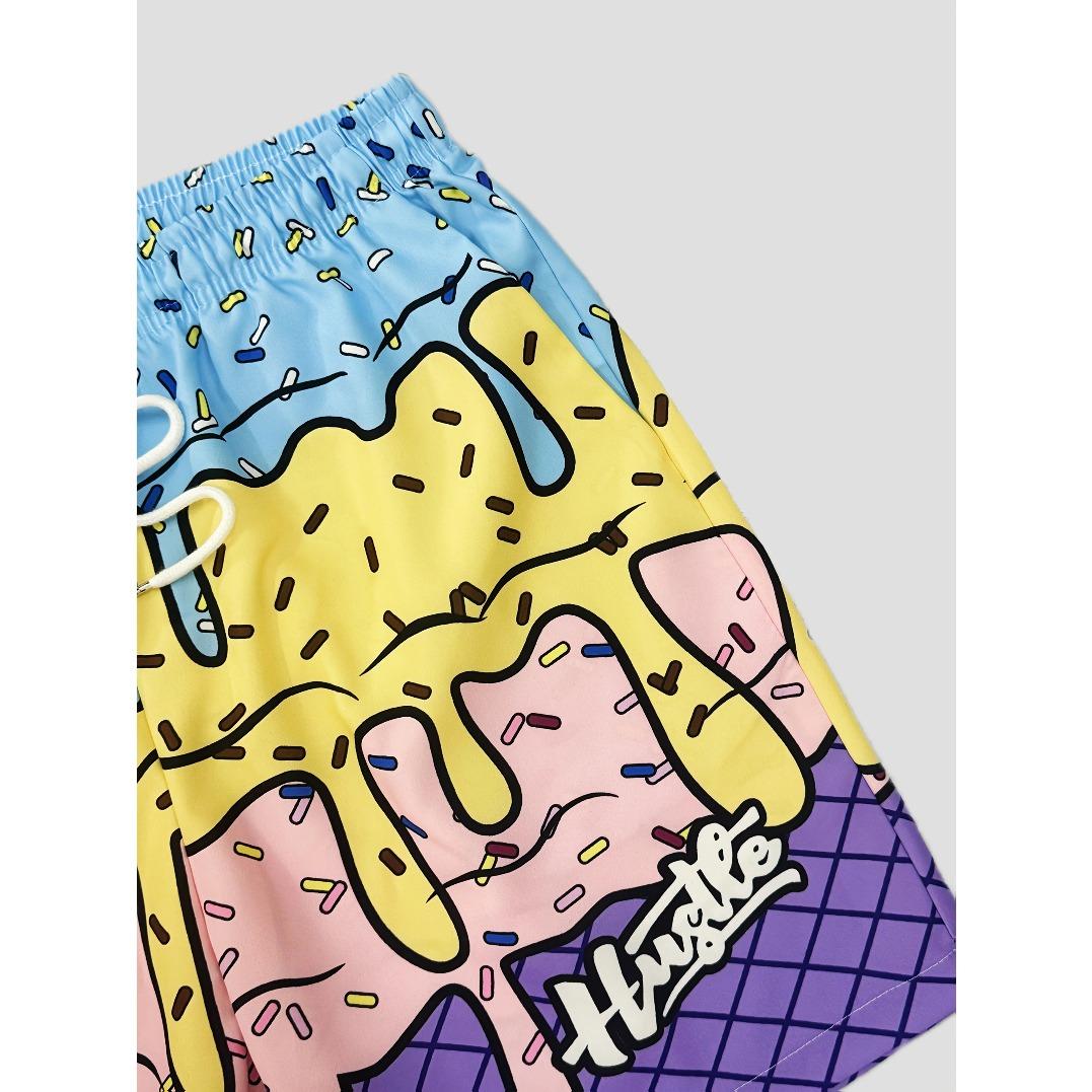 Summer Ice Cream Hawaiian Style Men's Quick-Drying Shorts Breathable Soft Comfortable Loose Plus Size Beach Swimwear Casual Shorts