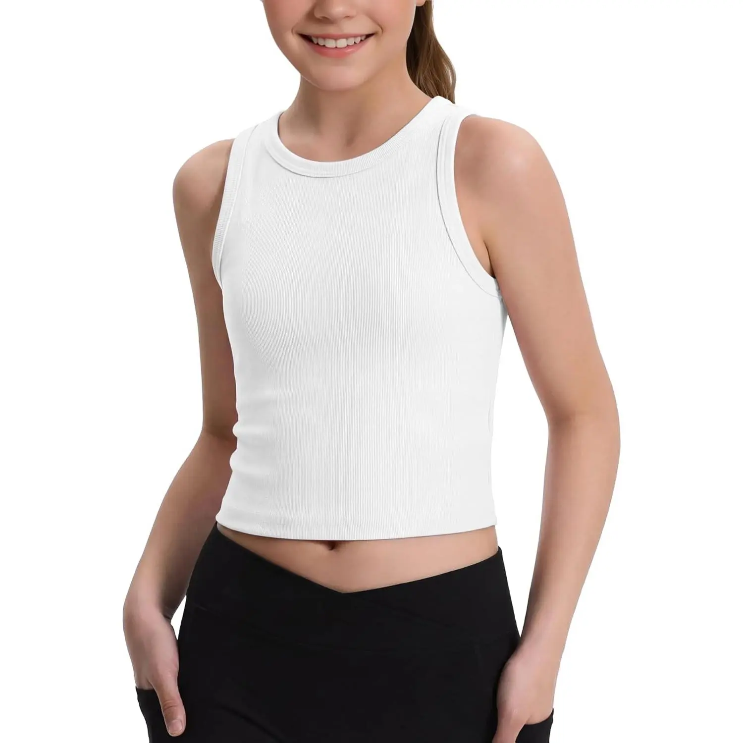 Girls Tank Tops Kids Athletic Sleeveless Crew Neck Ribbed Knit Casual Workout Crop Tops 5-14Y