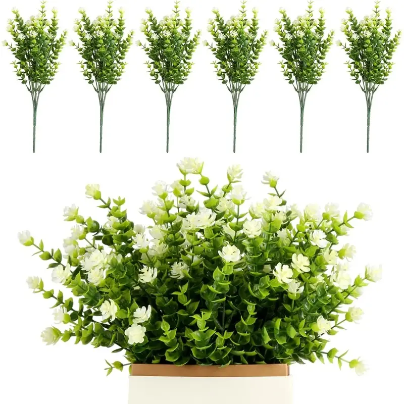6pcs Plastic Artificial Green Shrubs - Decorative Fake Flowers, UV-Resistant Indoor-Outdoor Plants, Hanging Planter Homemade Ornaments for Home & Garden