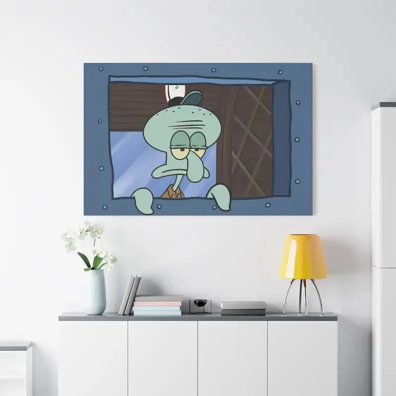 Funny Squid Window Effect Canvas, Sponge TV Show House Art Decor Joke Print, Housewarming Gift for Nick Cartoon Fans