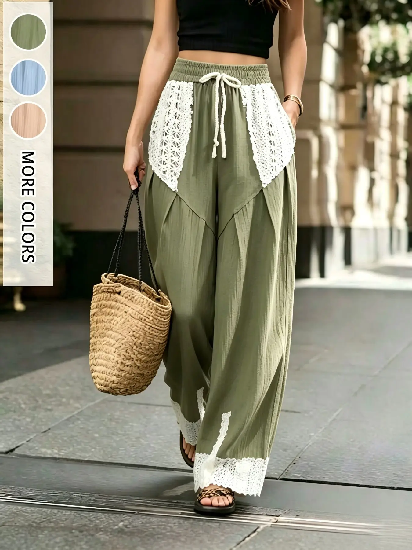 New Bohemian Lace Patchwork Wide Leg Long Pants for Women, Drawstring Elastic High Waist, Ankle Length, Casual Style, Breathable Fabric