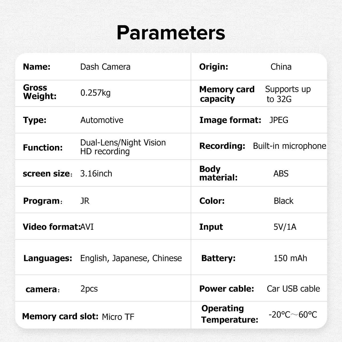 1080P Front & Interior Dual Recording Dash Camera, HD Car DVR with IR Night Vision, 3.16-Inch IPS Screen and Wide-Angle Video Surveillance, Automotive DVR Camera