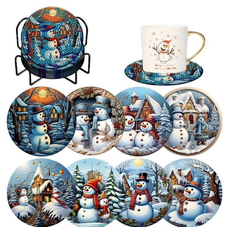 Snowman Cartoon Diamond Art Coasters With Display Holder, Diy Round Painting Craft Kit For Home Table Decor, Colorful Anti‑Slip Drink Coasters With Heat Insulation For Daily Use