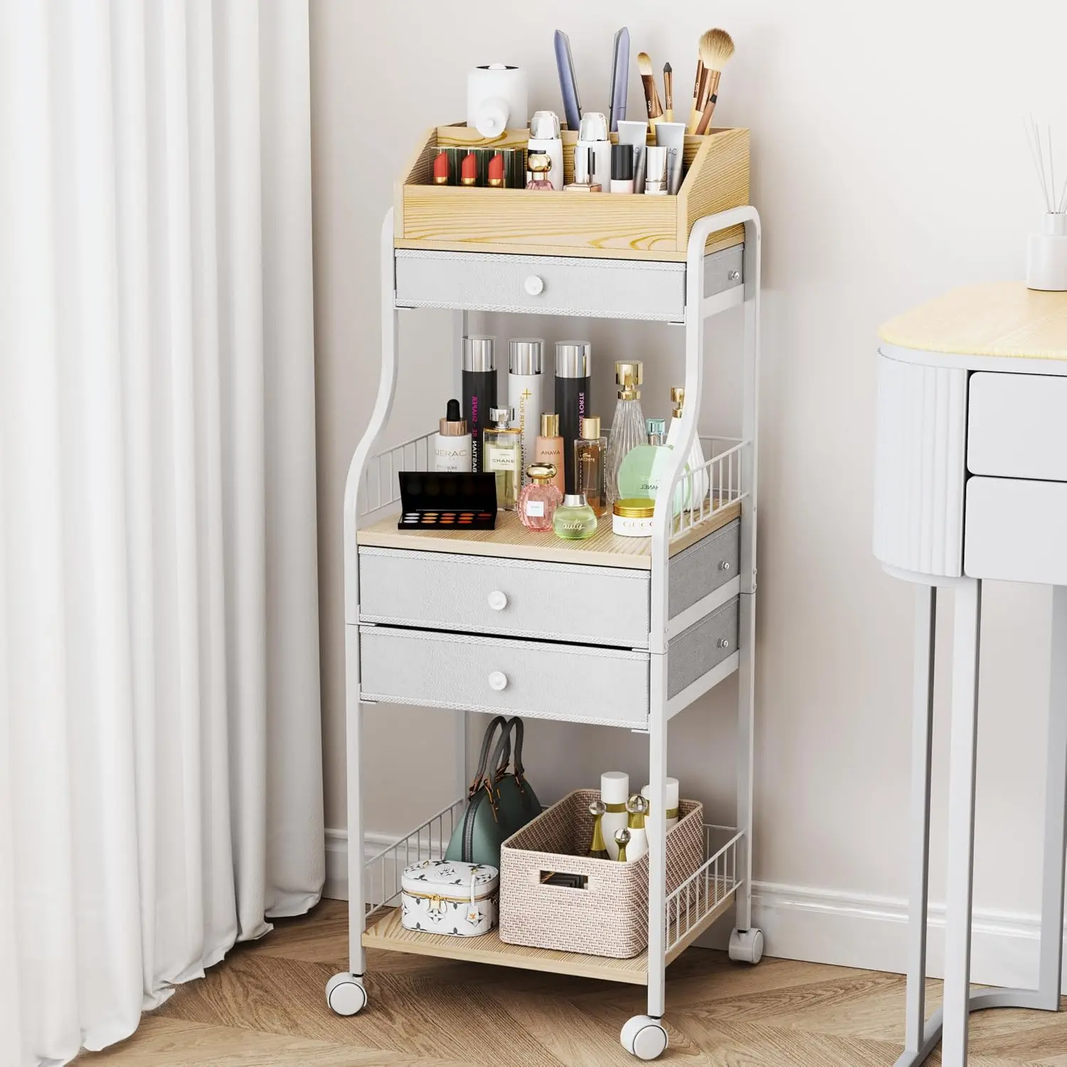 Floor Makeup Organizer Cart -  Skincare Beauty Organizers Makeup Storage with Drawers,  Display Cases Holder  Cart for Hair Accessories Polish Perfume Make up Brush