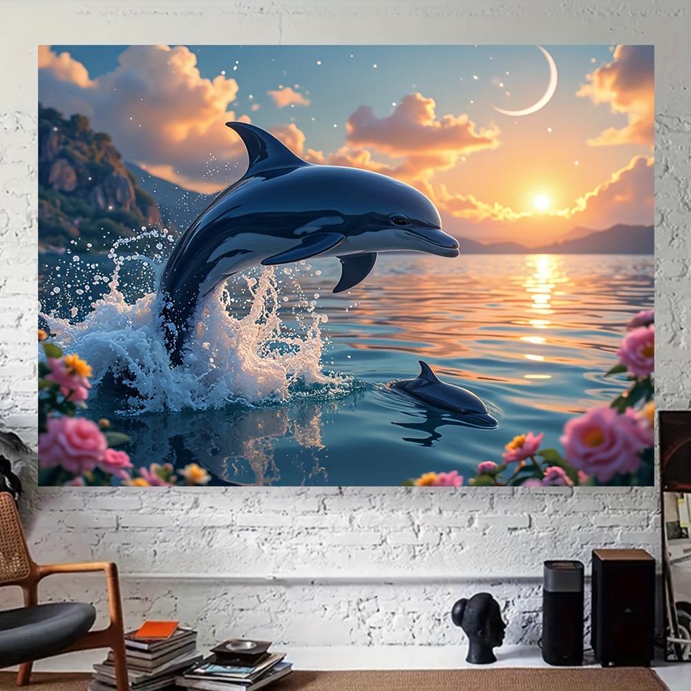 1pc Vibrant Dolphin Sunset Polyester Backdrop, Multipurpose Tapestry for Living Room, Bedroom, Office & Home Decor, No Electricity Needed, Perfect for General Celebrations & Seasonal Party Decor, Dolphin Decor