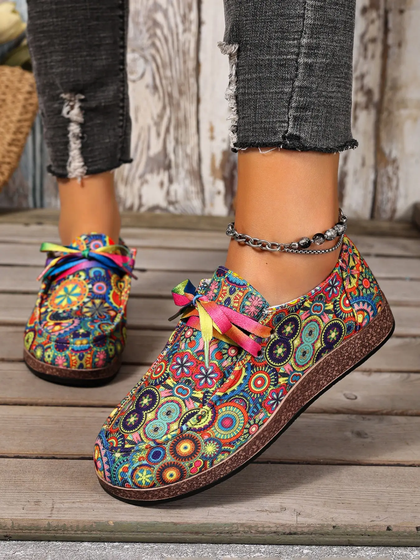 Peacock Retro Print Lace-Up Platform Shoes, Rainbow Laces Casual Thick Sole Canvas Shoes, Ethnic Style Daily Commute Women's Flat Shoes, Bohemian Flat Shoes