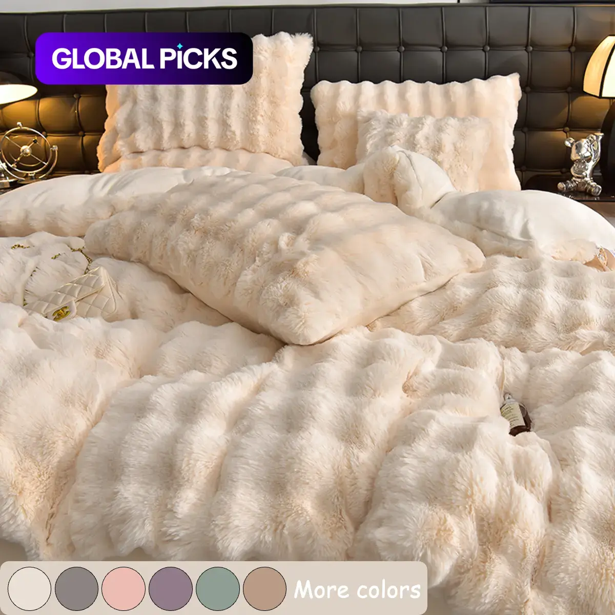 Faux Rabbit Fur Duvet Cover Set, Luxury Ultra Soft Solid Color Bedding, Comfy Bedding Sets, Warm All Season 3 Piece Set with 1 Duvet Cover and 2 Pillowcases for Bedroom, Sofa, Dorm
