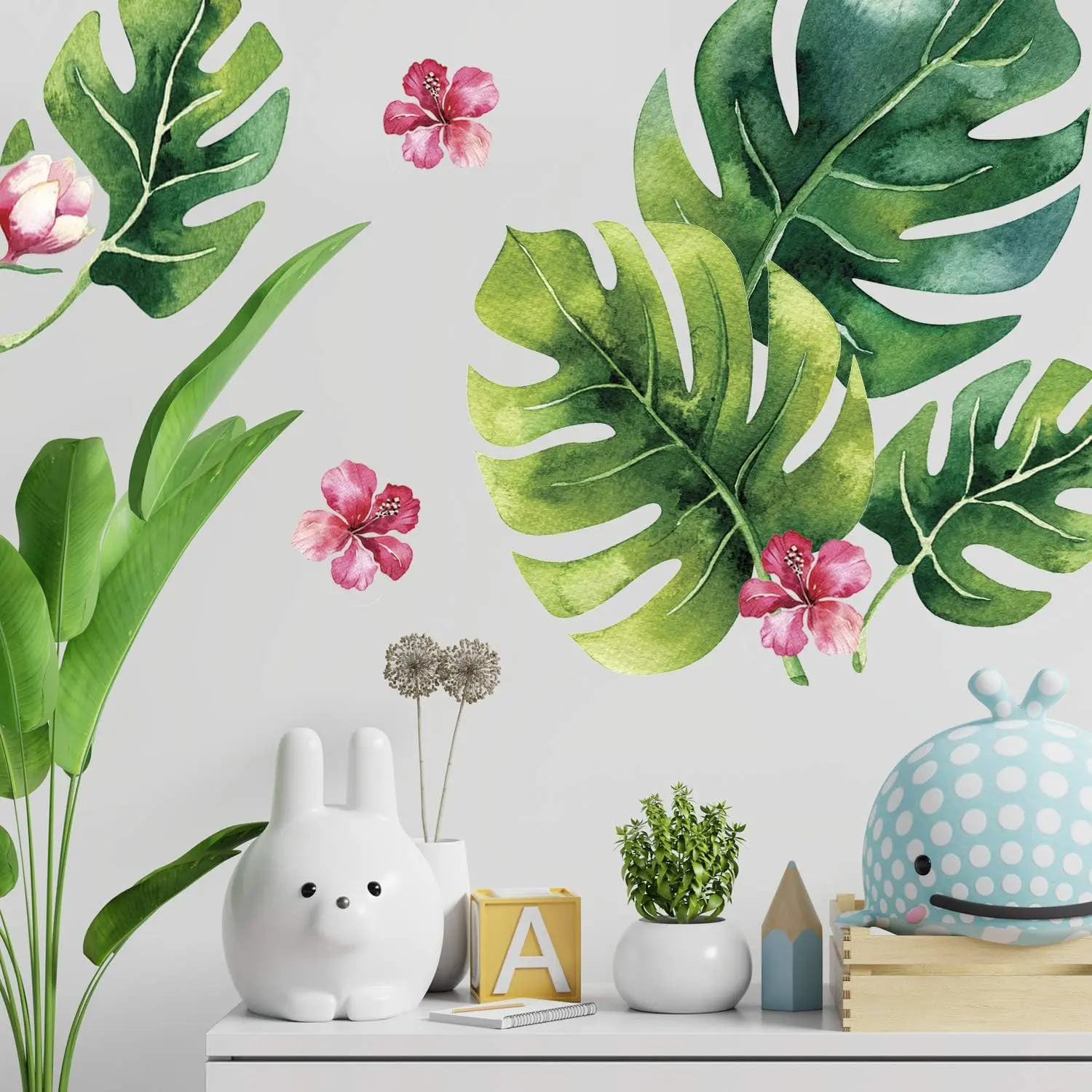 Tropical Flower Palm Leaf Wall Stickers - Tropical Leaves  - Foliage Monstera Wall Decal - Jungle Theo Leaf  - Banana Greenery Vinyl Décor Cling with