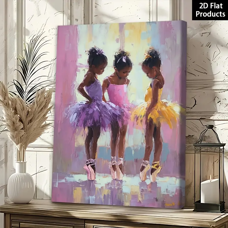 3 Young Black Ballet Dancers Canvas Wall Art - Framed, Ready To Hang - Ballet Skirts, Pointe Shoes Design - For Living Room, Bedroom - Christmas New Year Gift For Her - Home Decor Poster Print