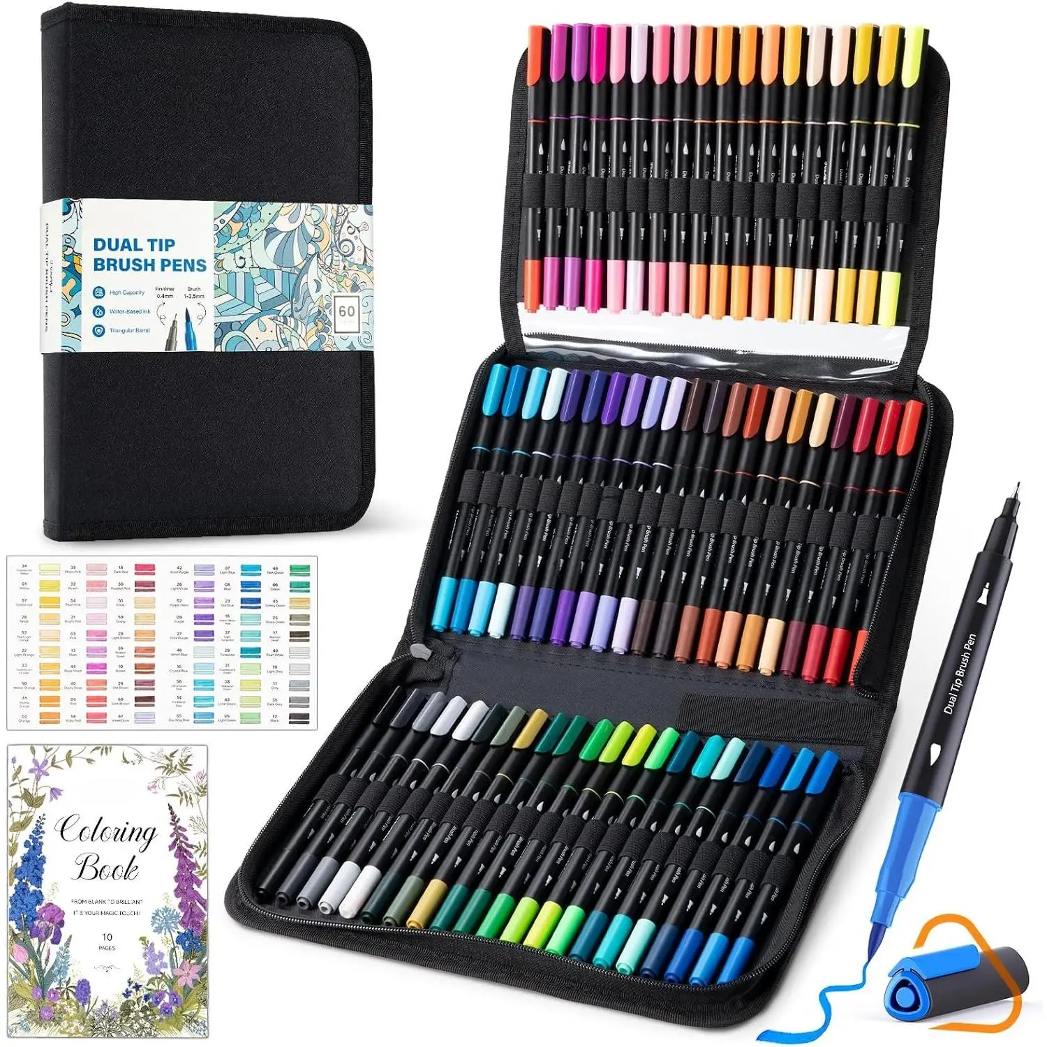 Markers for Adult Coloring Books No Bleeding, 60 Colors |  Tip, Triangle Grip, Fine & Brush Tips, Water-Based, 33%  Ink, With 200gsm Coloring Book, Storage Case, 6 Spare Tips