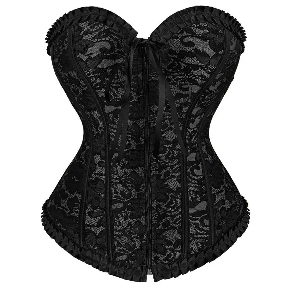 Women Corset Top Sexy Bustier Brocade Zipper Front Exotic Vintage Flowers Victorian Overbust Corselet Lingerie Plus Size Korsett