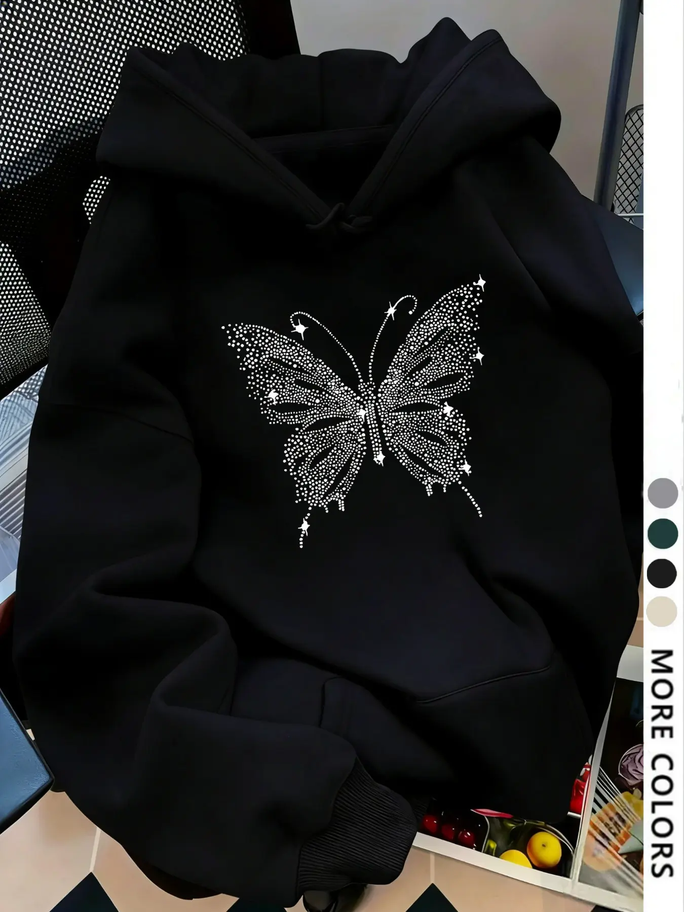 Women's Dropped Shoulder Loose Long Sleeve Hoodie, Butterfly Print, Fashion Casual Drawstring Pocket Sweatshirt, Fall & Winter, Daily Wear, Tops