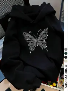 Women's Dropped Shoulder Hoodie, Butterfly Print, Fashion Casual Drawstring Pocket Sweatshirt, Fall & Winter, Daily Wear