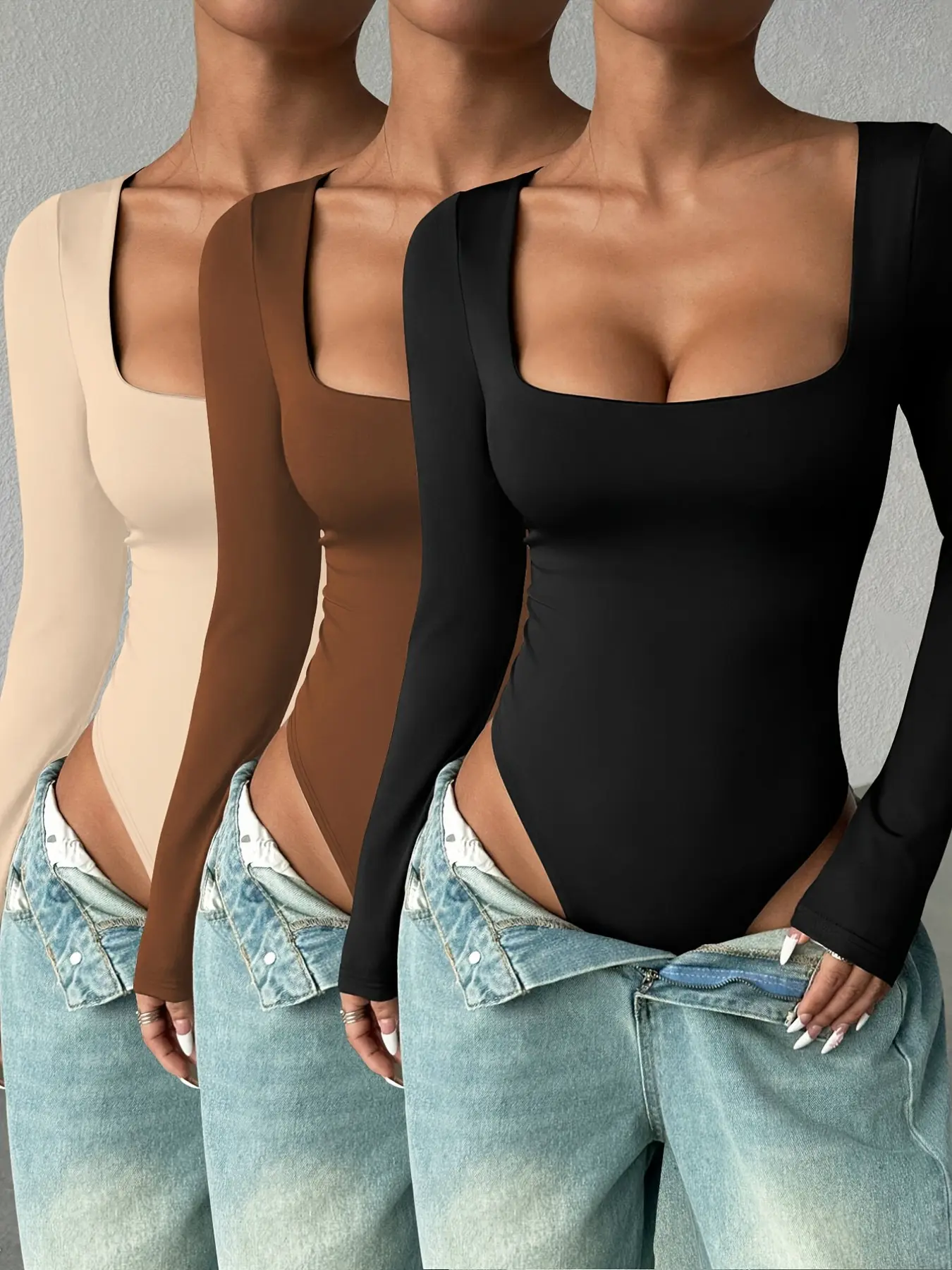 Women's Spring Summer 3-Piece Set, Elegant Square Neck Long Sleeve Fitted Bodysuit, Breathable Cool Fabric, Slimming, Casual Style