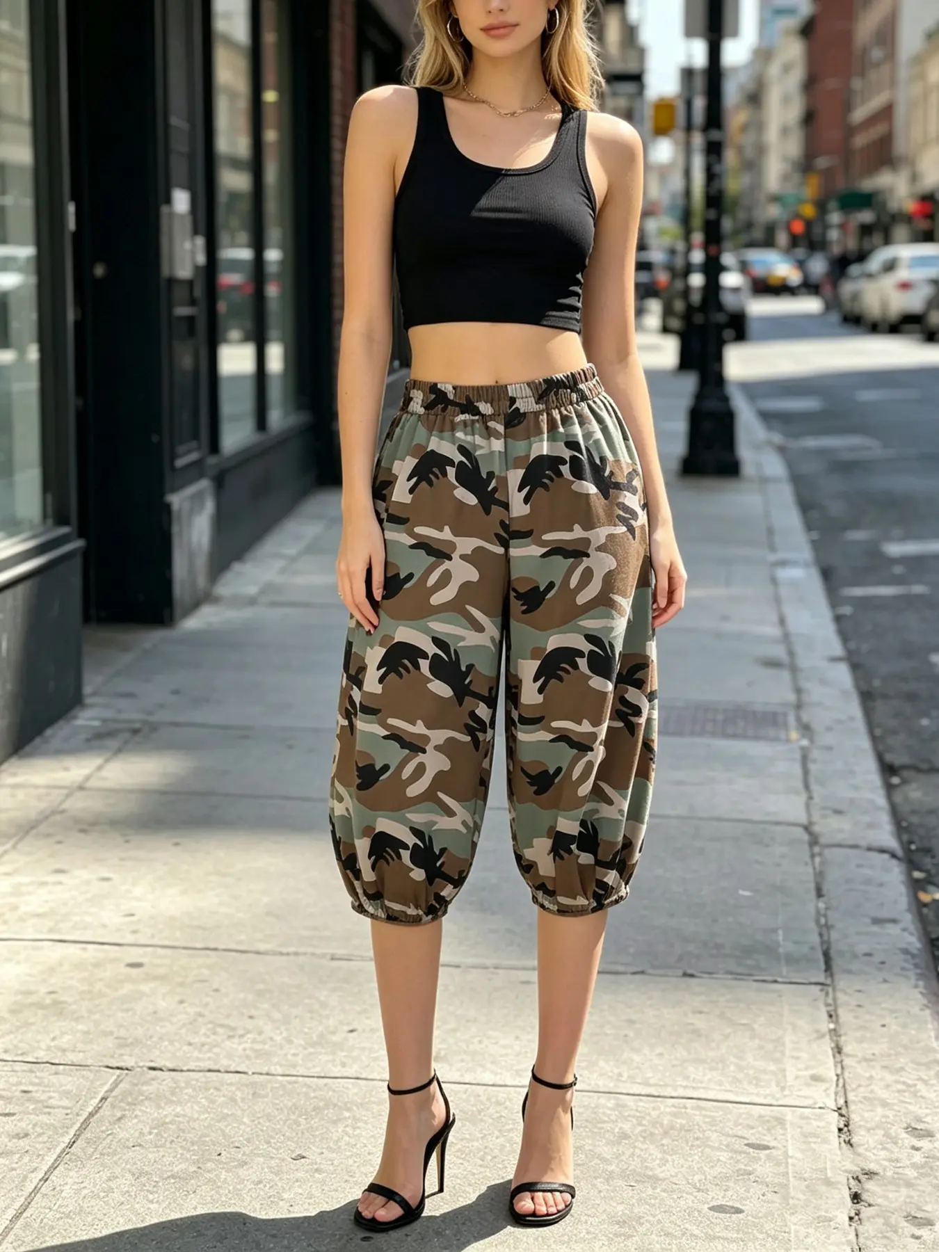 Women's Seven-Quarter Camouflage Print Pants with Pockets, Elastic Waist, Comfortable & Stylish, Ideal for Travel, Work, Daily Wear, Womenswear
