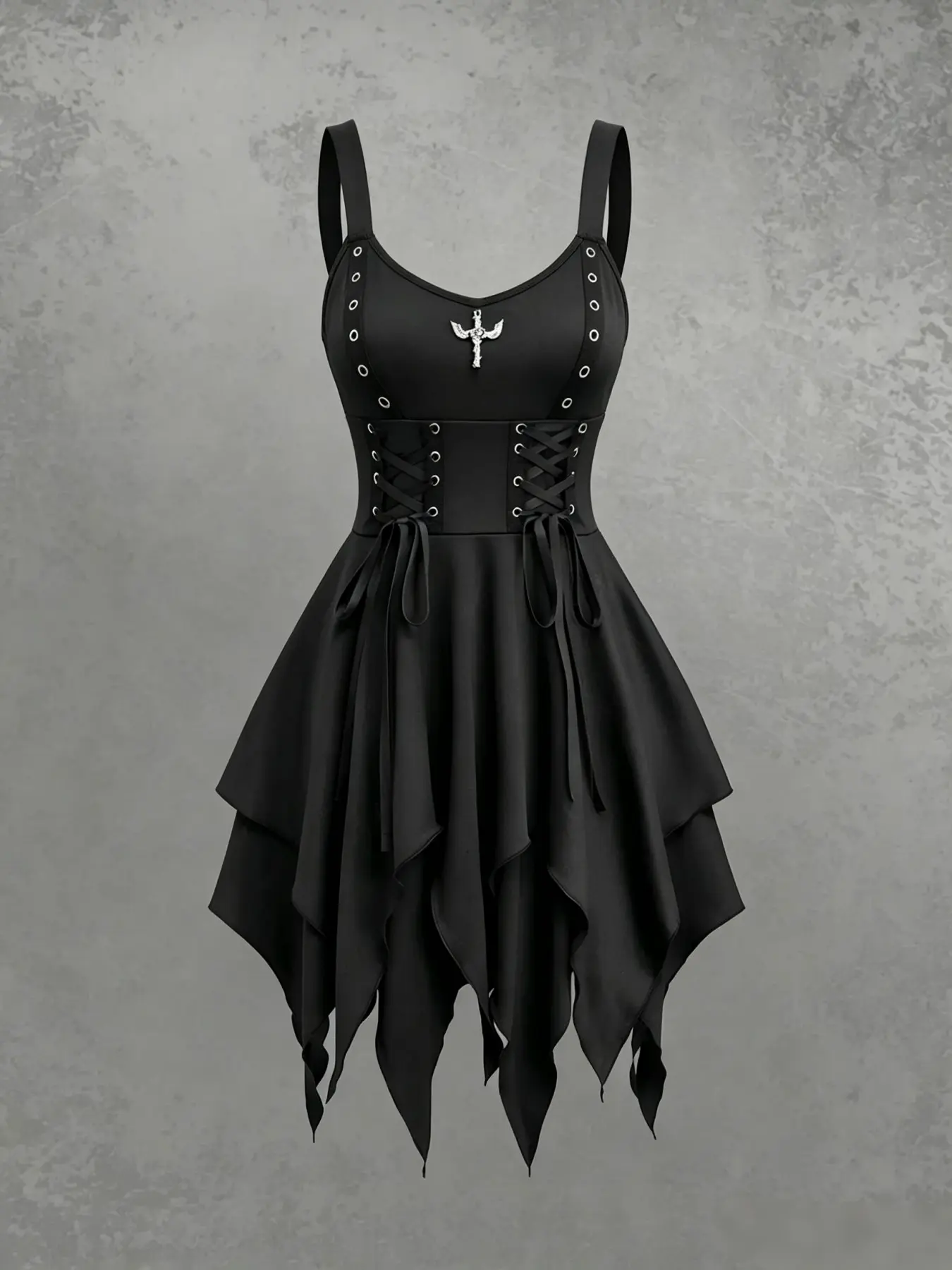 Dark Punk Cross Belted Halter Short Statement Dress, Asymmetrical Pointed Hem Gothic Dress, Subculture Halloween Party, Underground Dance Wear