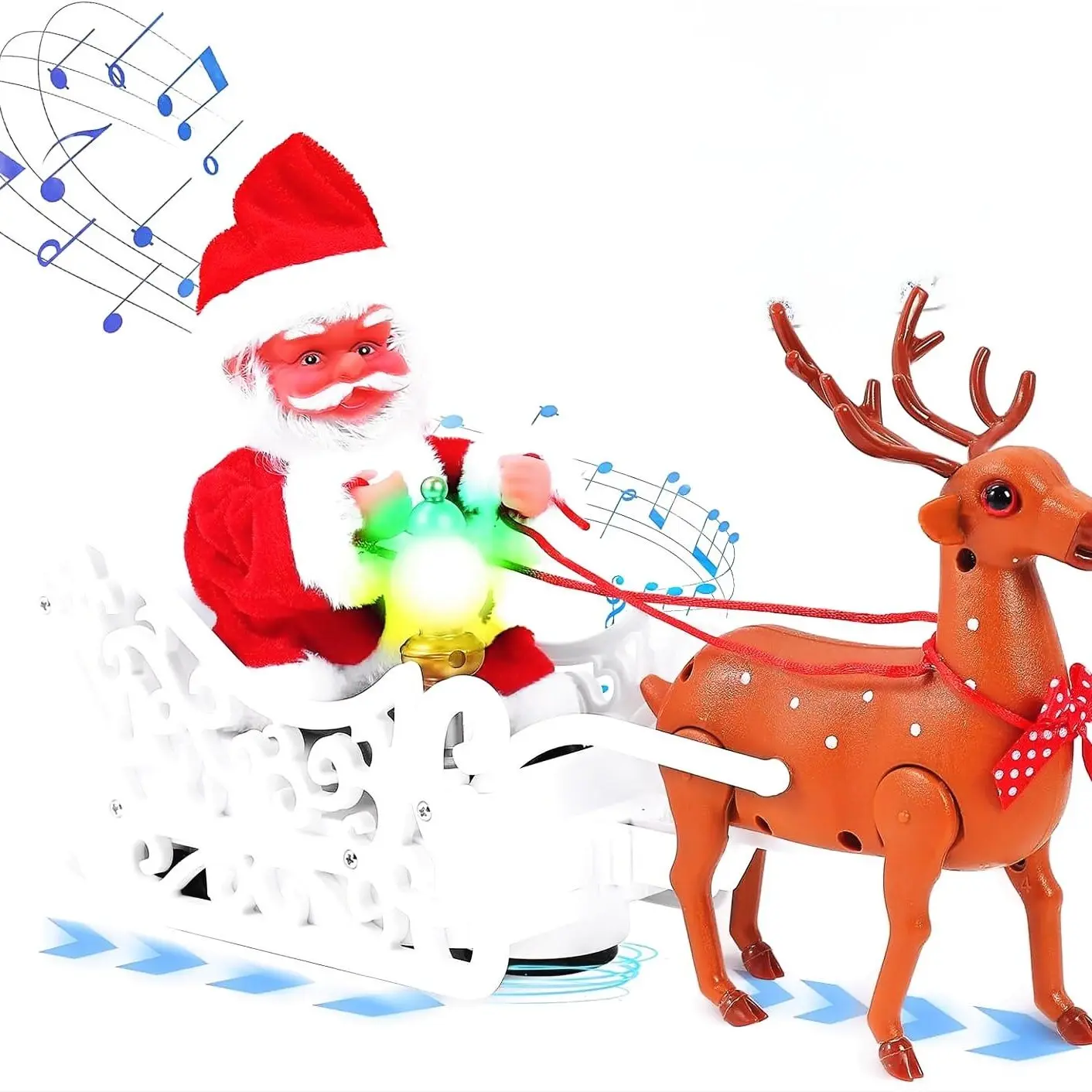 Electric Santa Claus and Reindeer Sleigh, Music Lights Singing Dancing, Reindeer Pull Car Bell, Christmas Tree Decoration, Kids Gift, Festive Atmosphere