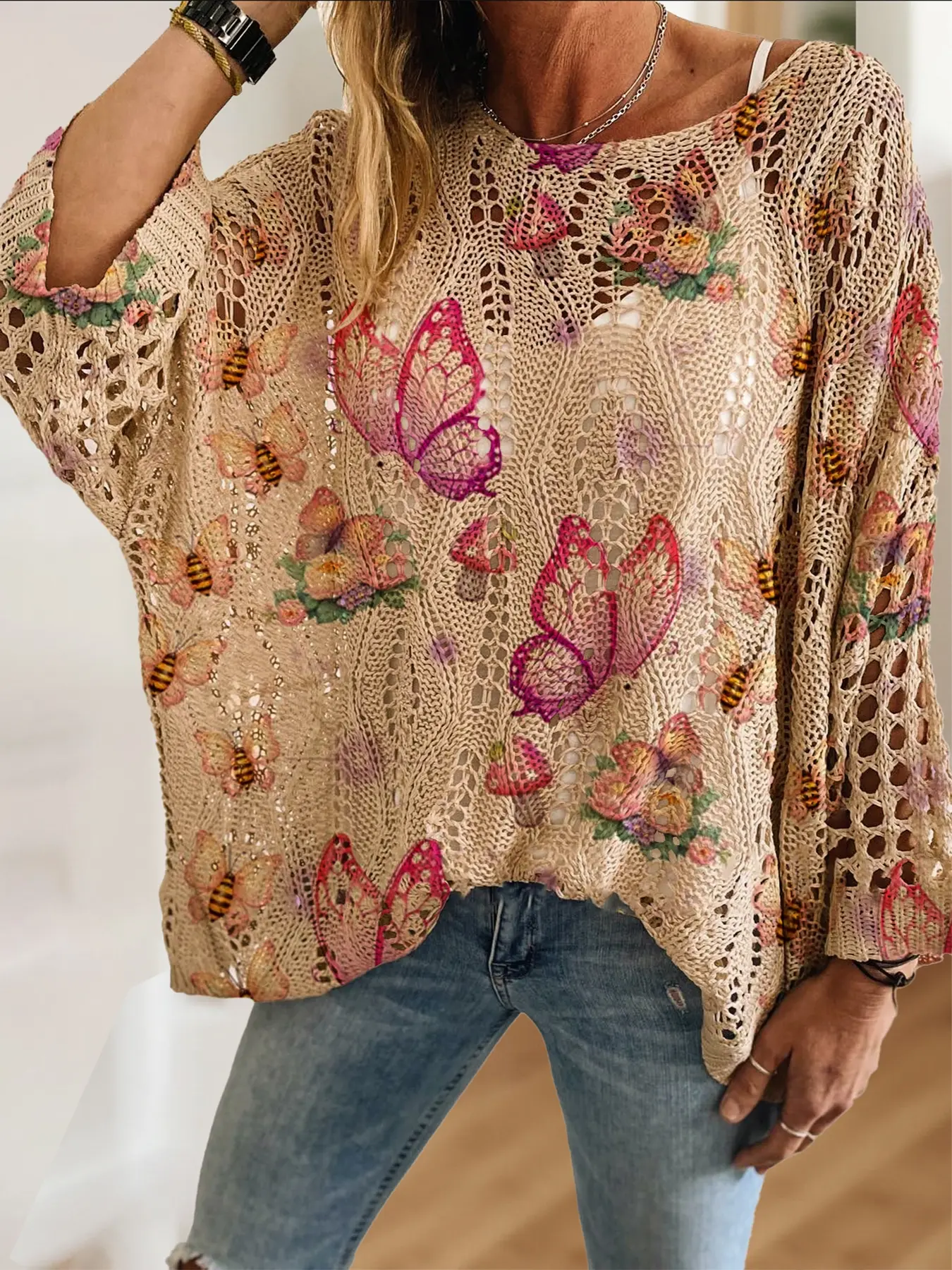 Elegant Butterfly Print Long Sleeve Knit Top, Loose Batwing Shoulder Design, Breathable Summer Casual Sweater, Women's Fashion Outerwear