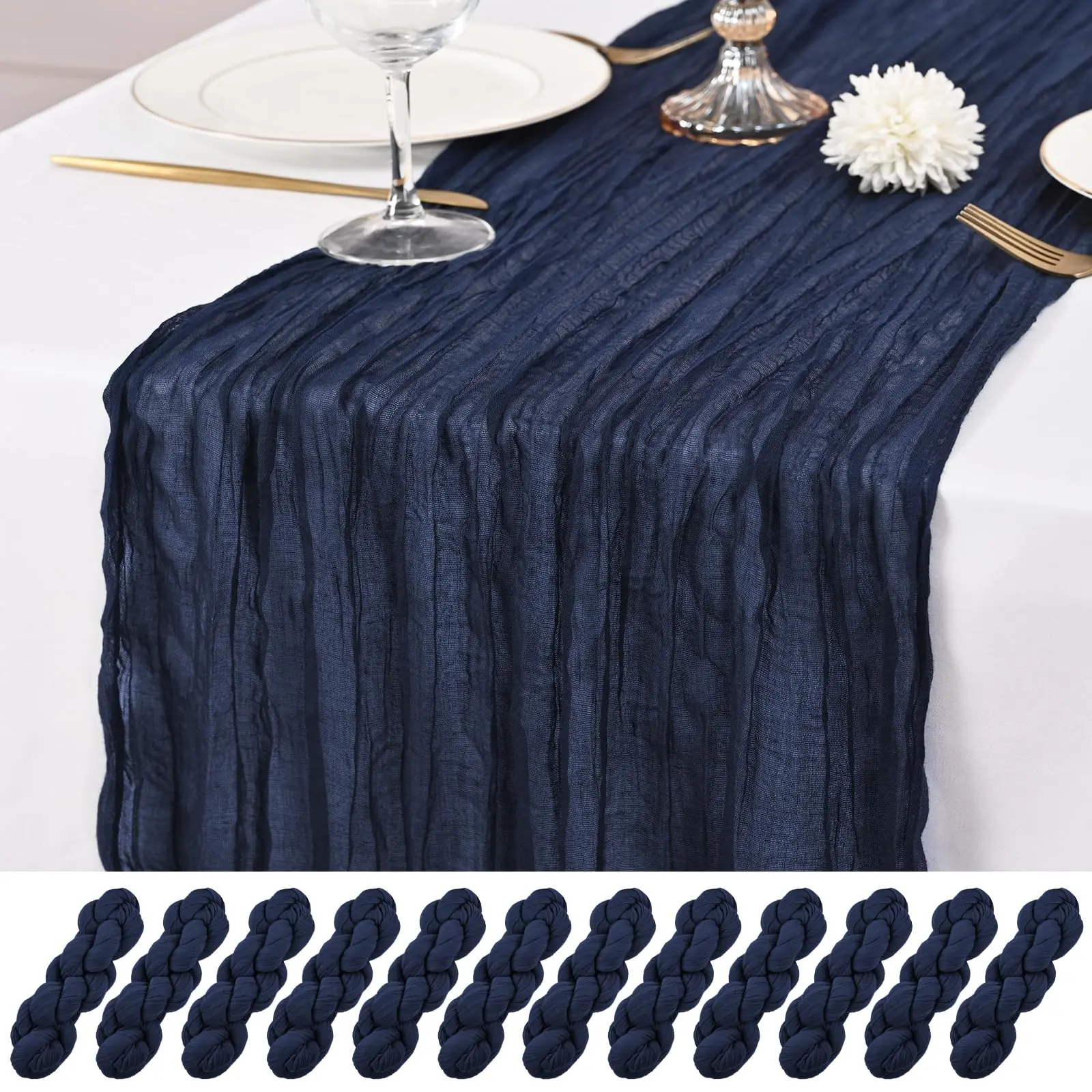 6/12 Pack Soft Polyester Navy Blue Cheesecloth Table Runner (17x108 in) - Semi Sheer Boho Gauze, Machine Washable, Avoid Direct Sunlight, for Wedding Party Home Decor Farmhouse, 17X108 Inch