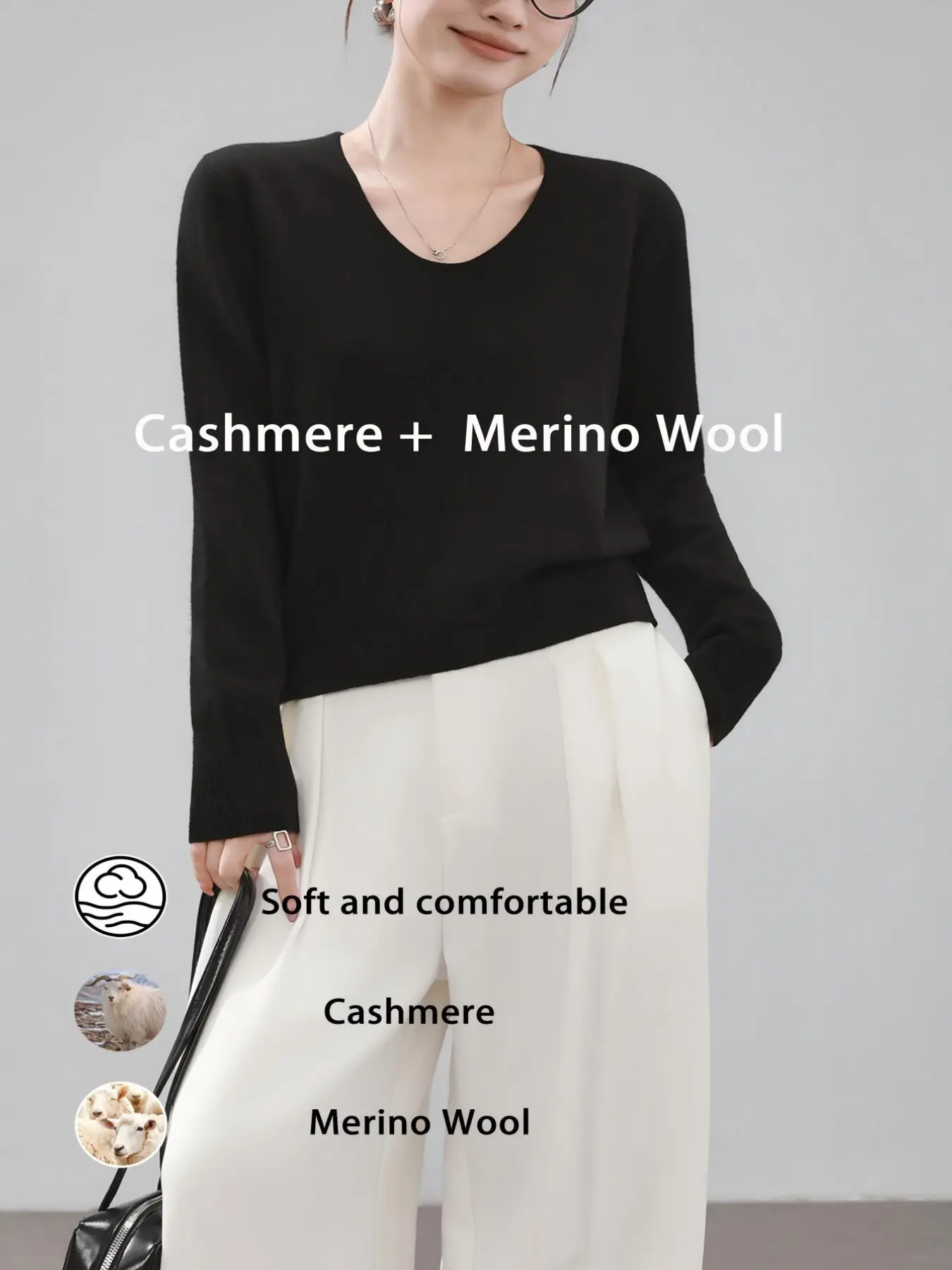 Women's Cashmere and Wool Blend U-Neck Short Knit Sweater Tops, Simple Solid Long Sleeve Pullover, High-Quality Fall Winter New Arrival