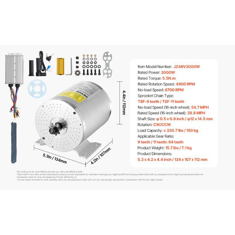 VEVOR 3000W Electric Brushless DC Motor Kit - 72V 4900rpm Motor with Upgraded Speed Controller and Throttle Grip Kit for Go Karts E-Bike Motorcycle Scooter DIY
