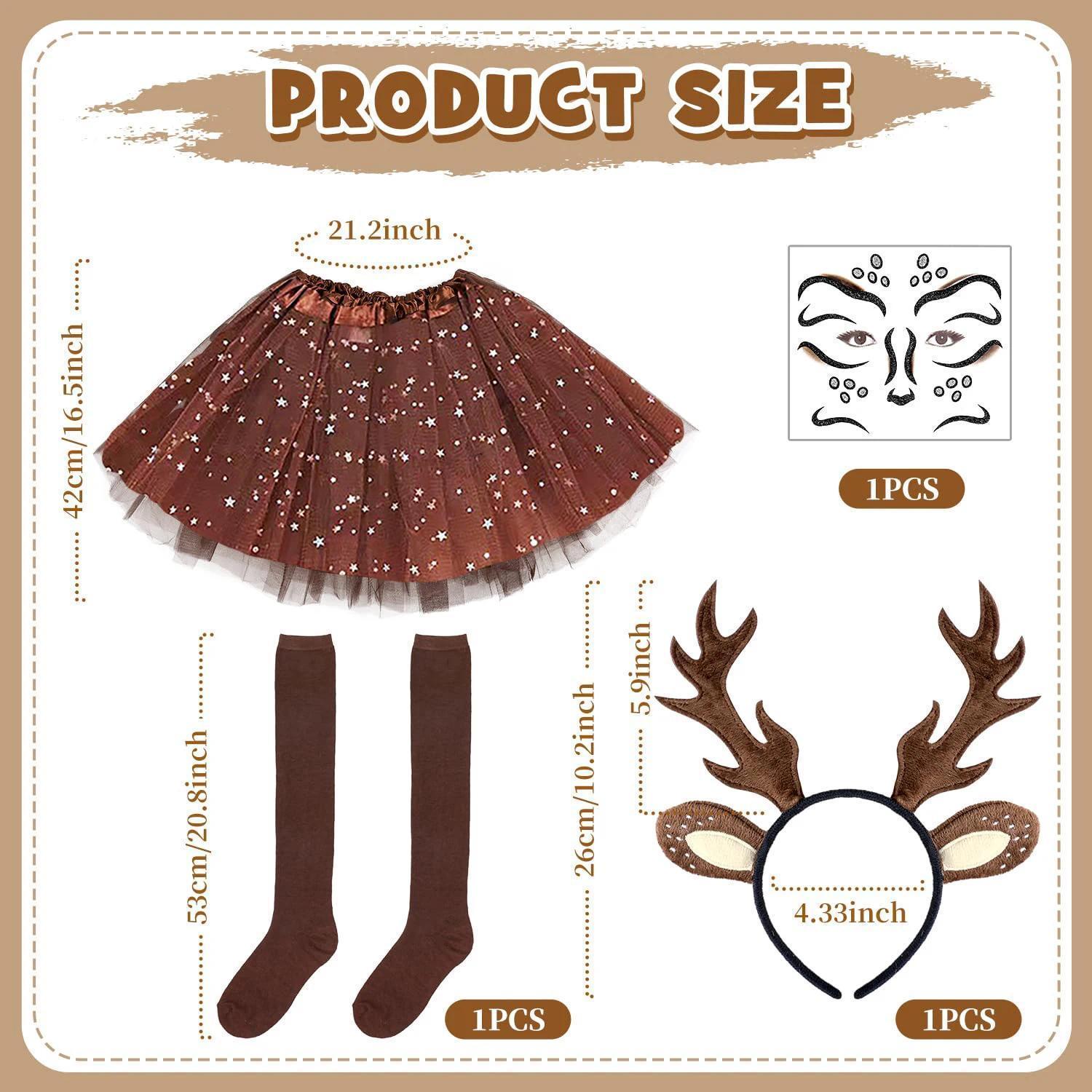 Carnival Deer Costume Women Deer Antlers Headband with Reindeer Ears Tutu Skirt Socks Deer Face Tattoo Deer Costume Accessory