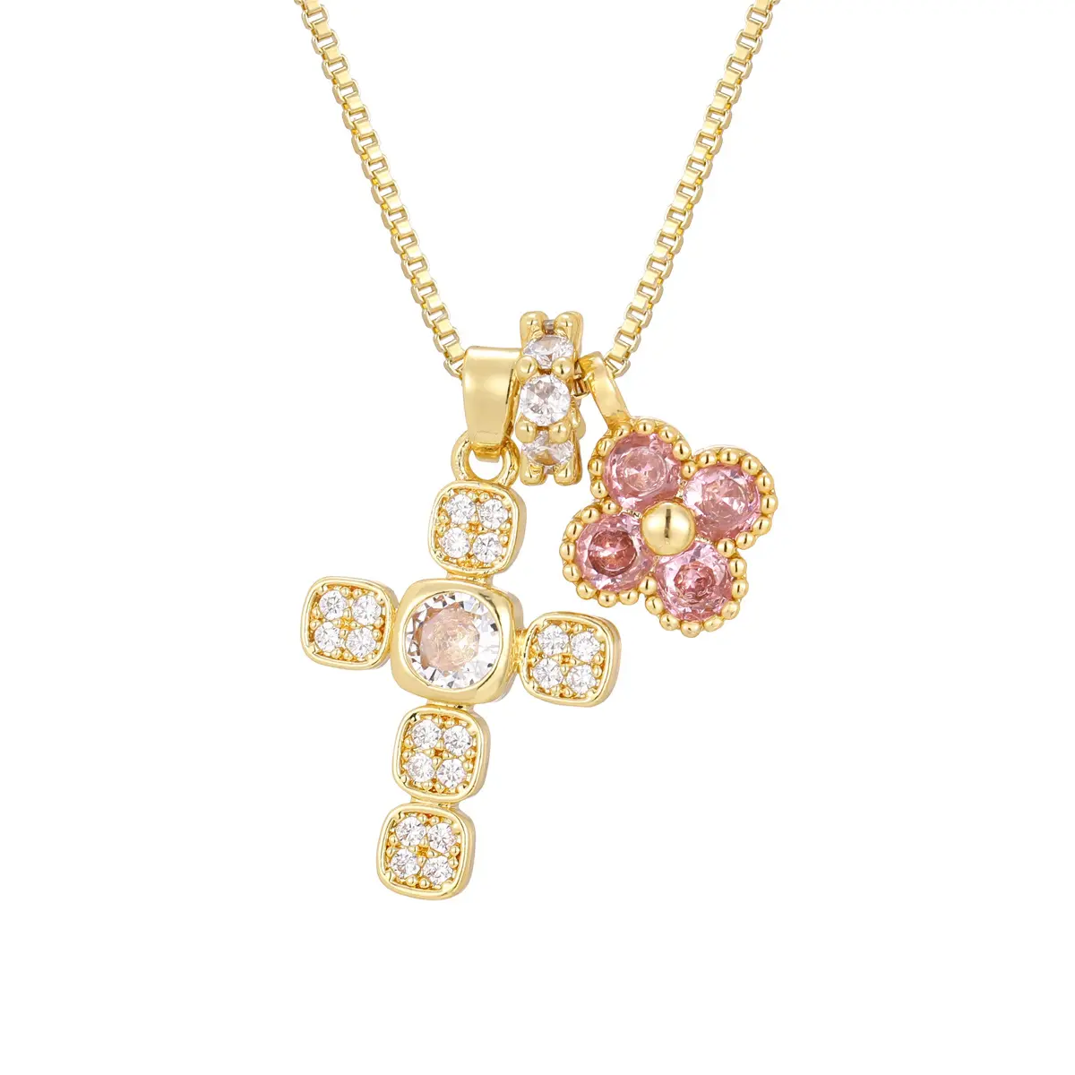 Gold-Plated Double Charms Cross Pendant Necklace - Sparkling CZ Cross, Blush Pink Crystal 4 Leaf Clover, Minimal Box Link Chain, 1.97in Extender, Adjustable Size,  Casual Wear Gift for Girlfriend, Four Leaf, Solid Copper gifts for girlfriend