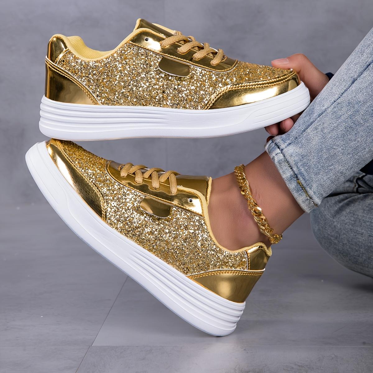 Women's fashion glossy sneakers with sparkling sequins, running shoes, street skate shoes, non-slip spring summer mesh breathable lace-up casual shoes, thick sole height incr dance shoes, lightweight soft sole low-top walking shoes
